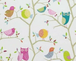 HARLEQUIN CURTAIN FABRIC "What a Hoot" 0.90 METRE PINK AQUAMARINE LIME NATURAL - Picture 1 of 6
