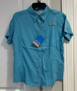 Columbia PFG Button Up Shirt Youth Boys Size L Vented Omni Shade Blue, NEW NWT - Picture 1 of 12