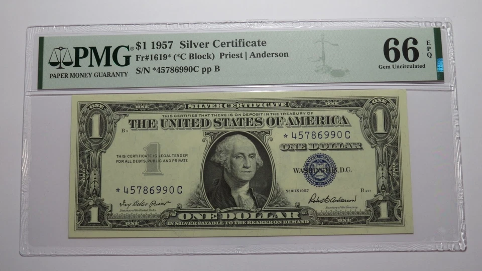$1 1957 Silver Certificate Star Note Currency Bank Note Bill About UNC66 PMG - Image 1 of 3