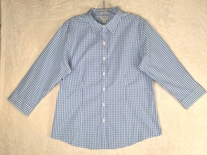 LL Bean M Wrinkle Resistant Button Shirt 3/4 Sleeve Blue White Check Cotton  - Picture 1 of 8