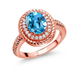 2.51 Ct Oval Swiss Blue Topaz 18K Rose Gold Plated Silver Halo Engagement Ring - Picture 1 of 3