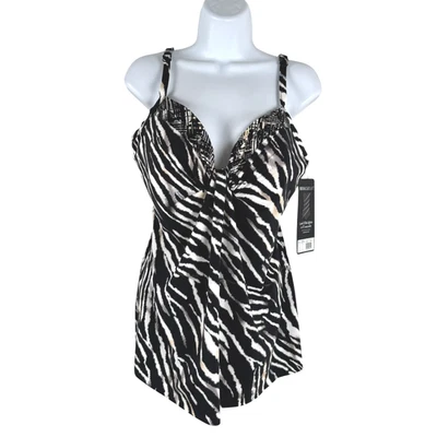 Blusa de banho Miraclesuit Marina Tankini tamanho 16 zebra estampa animal nova com etiquetas SW-2106 - Imagem 1 de 4