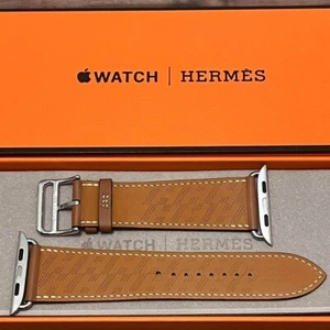 Hermes Apple Watch Hermès 45/44/42mm H Diagonal Gold Leather Band Belt Brown - Photo 1 sur 6