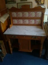 Vintage Pine and Marble Washstand Tiled Upstand c/w Cupboard and Lockable Drawer