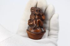 Netsuke Monkey on a Bowl / Ingot - Japanese Carved Boxwood - Signed