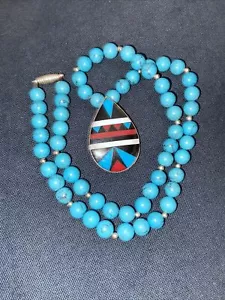 Vtg Sterling Silver Zuni Inlaid Pendant Charm for Necklace Turquoise Onyx - Picture 1 of 8