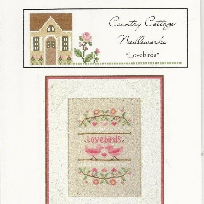 LOVEBIRDS--Día de San Valentín--Casa de campo-Flores--Patrón de punto de cruz contado Foto 1 de 1
