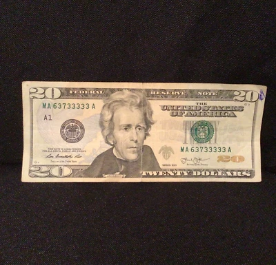 6 of a kind LUCKY 3s FANCY SERIAL NUMBER $20 DOLLAR BILL NOTE 63733333 (2013) - Image 1 of 4