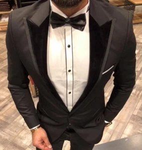 Designer Smoking Nero Velluto Colletto Abito Maschile Nozze Arredata Slim Fit 56 - Foto 1 di 6
