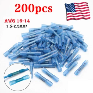 200PCS Blue Heat Shrink Butt Wire Connectors Crimp Terminals Gauge 16-14 AWG US - Picture 1 of 12