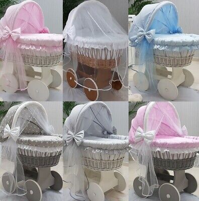 Wicker Moses Basket And Hood With Tulle + Chassis + Wheels + Bedding 13 Colours • 146£