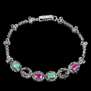 RUBIN, SMARAGD & SAPHIR MARKASIT ARMBAND AUS MASSIVEM .925 STERLINGSILBER 7,5 ZOLL - Bild 1 von 3