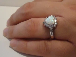 HEART SHAPE RING 2.50 CT LAB CREATED SIMULATED DIAMONDS/OPAL 925 STERLING SILVER - Picture 1 of 1
