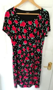 Precis Petite 14 Black Pink Green Abstract Strawberry Print Stretchy Dress Lined - Picture 1 of 8