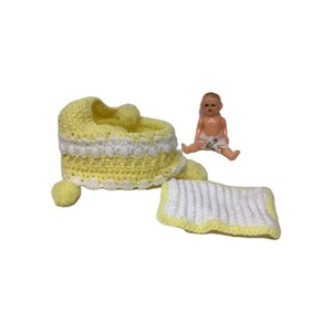 Hand Crocheted Bassinet with 5” Sleepy Eye Doll and Blanket Doll Made Hong Kong - Picture 1 of 15