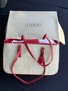 Vintage 8158 Y2K Deadstock Coach Stroh Tasche Schultertasche Rot Lederbesatz - Bild 1 von 15