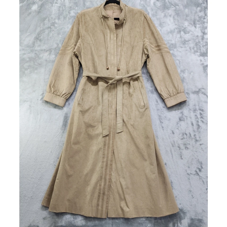 Vintage 70s City Life Trench Coat Womens L Tan Soft Felted Faux Suede Tie Belt - Image 1 of 4