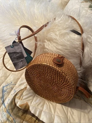 Round Rattan Bag for Women - Handmade Wicker Woven Purse - Leather Strap NEW - Image 1 of 4