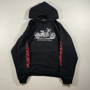 Vintage Offshore Cycle Motorcycle Biker Red Flame Sleeve Black Hoodie Mens L - Picture 1 of 9