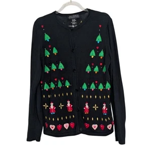 All Points Christmas Cardigan Womens Size Small Black Applique Santa Sweater - Picture 1 of 11