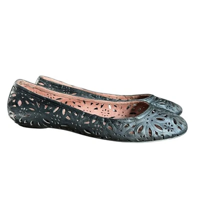 Corso Como Floral Laser Cut Black Leather Skimmer Flats Size 8 Made In Brazil - Image 1 of 4