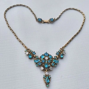 Hollycraft Aqua Blue Rhinestones, Moonstones Necklace Dated 1950 - Picture 1 of 17