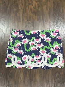 Lily Pulitzer Scalloped Short Skirt Floral Caterpillar Navy Green Pink Size 8 - Picture 1 of 8