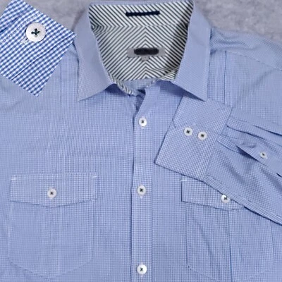 TED BAKER LONDON MENS SHIRT 4-L BLUE WHITE GINGHAM MICRO CHECK ROLL TAB SLEEVE - Image 1 of 4