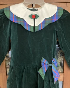 Vintage Green Velvet- White Collar and Red, Green and Blue Dress Girl’s Size 6 - Picture 1 of 10