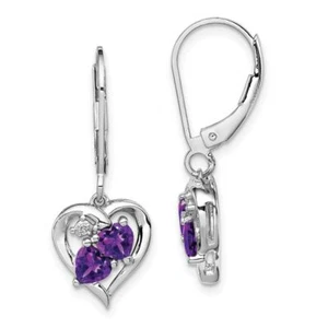 925 Sterling Silver Amethyst Diamond Heart Dangle Earrings - Picture 1 of 5