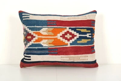 Blue Turkish Kilim Lumbar Pillow Case - Interior Designer Cushion - Image 1 of 4