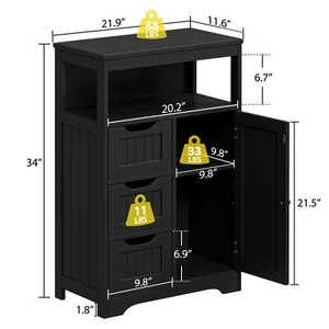 Bathroom Storage Cabinet Floor Standing with 1 Door and 3 Drawers Cupboard Black - Picture 1 of 23