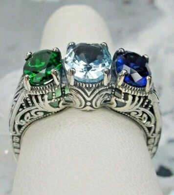 Deco Simulated Sapphire Aquamarine & Emerald Silver Filigree Ring (Custom)#41 - Image 1 of 4