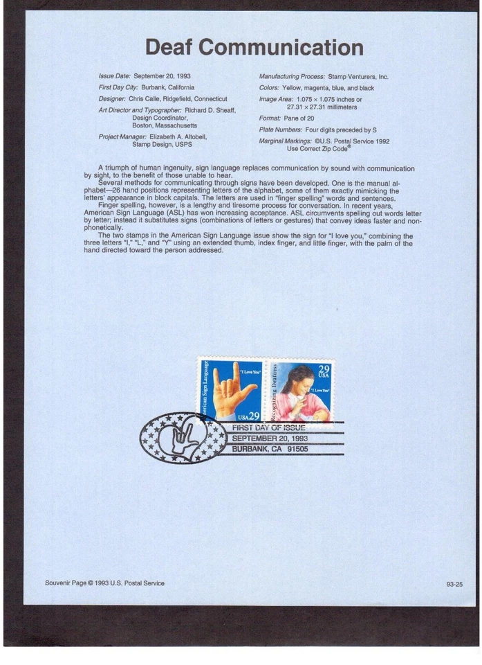 FDC STAMP # 2783-2784 29 cent DEAF COMMUNICATION 1993 USPS Souvenir Page 9325 - Image 1 of 1