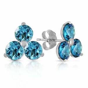 14K Solid White Gold Stud Gemstone Earrings Natural Blue Topaz Jewelry