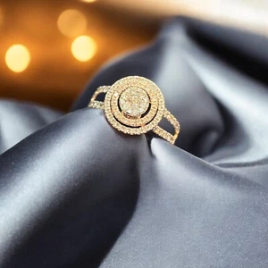 Pave 0.75 Cts Round Brilliant Cut Diamonds Double Halo Anniversary Ring 14K Gold - Picture 1 of 14
