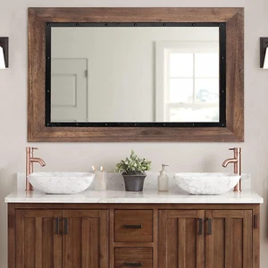Rustic Wooden Framed Wall Mirror, 40"X30", Natural Wood and Iron Bathroom Vanity - Picture 1 of 7