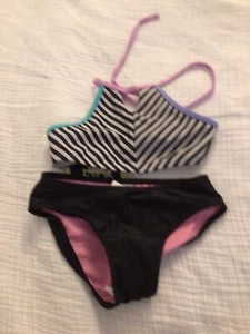 Art Class Girl’s Two Piece Bikini Bathing Suit Black White Striped Halter NWT M - Picture 1 of 4