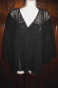 Top de encaje negro L boho gótico romántico look ganchillo volantes manga poeta bruja - Imagen 1 de 8