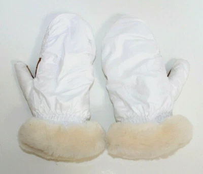 NEW WOMENS LARGE/XL WHITE/CHESTNUT UGG NYLON MITTENS SHEARLING CUFFS U1910 - Image 1 of 4