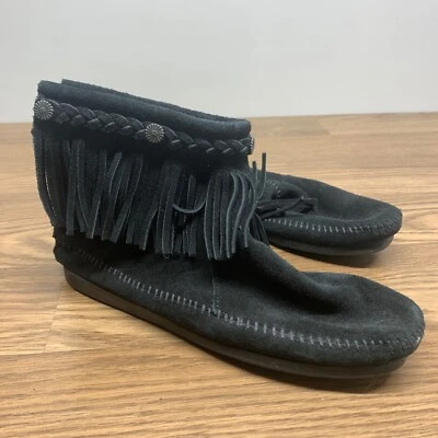 Minnetonka Negro Flecos Botines Mocasín Cuero Hippie Boho Zapato Mujer 9.5 Foto 1 de 4
