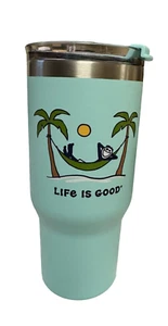 Life Is Good 25oz/Commuter Steel Travel Mug Alpine Blue Palm Tree/ Hot-Cold/ NEW - Picture 1 of 4
