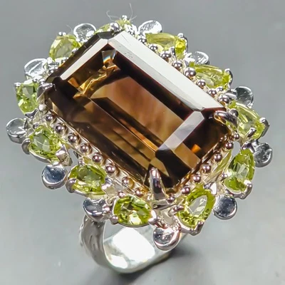 Anillo de cuarzo ahumado natural hecho a mano de 16 quilates + plata de ley 925 tamaño 7,5 / R443099 Foto 1 de 4