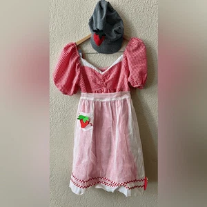 Strawberry Shortcake Halloween Costume 4 Pieces Sz 12 Gingham Apron Hat - Picture 1 of 10