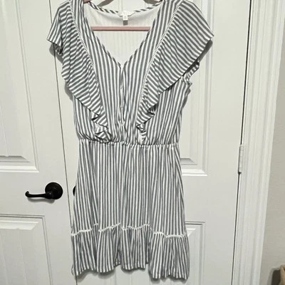LC Lauren Conrad V-Neck Ruffle Mini Dress Women’s M Chambray Stripe Coastal - Image 1 of 4