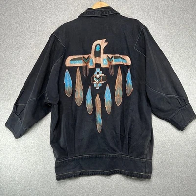 Винтажный хотел бисер красивый черный джинсовой ткани Thunderbird перо куртка женщин M - Изображение 1 из 4