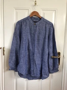 M&S 100% Linen Blouse Shirt Top Button Up Size 12 Blue Long Sleeve Tunic Summer - Picture 1 of 11