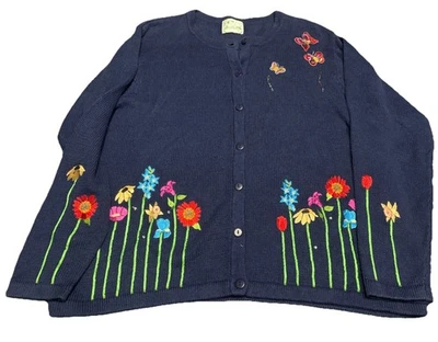Quacker Factory Vtg Dark Blue Cardigan Sweater Embroidered Beaded Flowers Sz 1X - Image 1 of 4