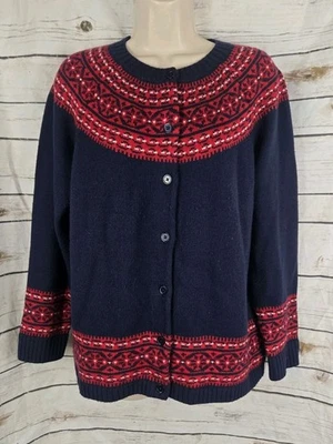 Cardigã suéter Talbots azul marinho vermelho Fair Isle XLP mistura de lã de cordeiro - Imagem 1 de 4