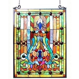 Fleur-de-lis Design Stained Glass Window Panel Suncatcher Tiffany Style 19x25in - Picture 1 of 4